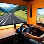 **Prompt:** "A cozy room with a gaming setup, featuring a steering wheel and pedals for a driving simulator. The screen shows a realistic truck driving through a European landscape. A person is smiling, immersed in the game, with a cup of tea on the desk. Warm lighting, comfortable atmosphere. Focus on the feeling of escapism and enjoyment."