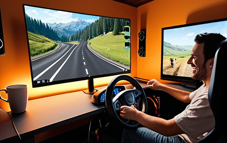 **Prompt:** "A cozy room with a gaming setup, featuring a steering wheel and pedals for a driving simulator. The screen shows a realistic truck driving through a European landscape. A person is smiling, immersed in the game, with a cup of tea on the desk. Warm lighting, comfortable atmosphere. Focus on the feeling of escapism and enjoyment."